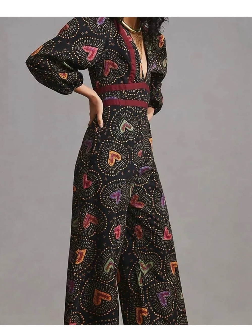 FARM Rio Black Heart-Print Wide-Leg Jumpsuit with Multicolor Hearts - Picture 2 of 4